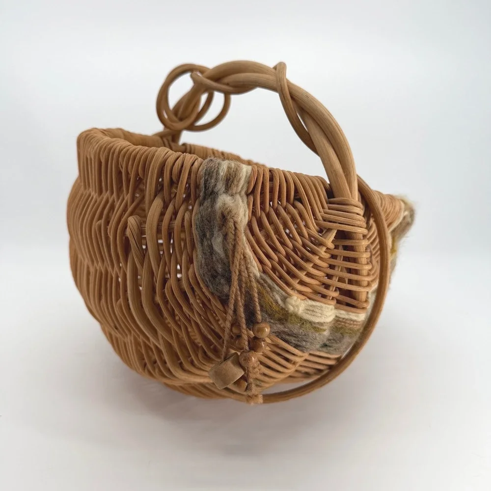 Vintage Woven Rattan Wicker Basket Twisted Handle Beaded Tassel Cottage Boho